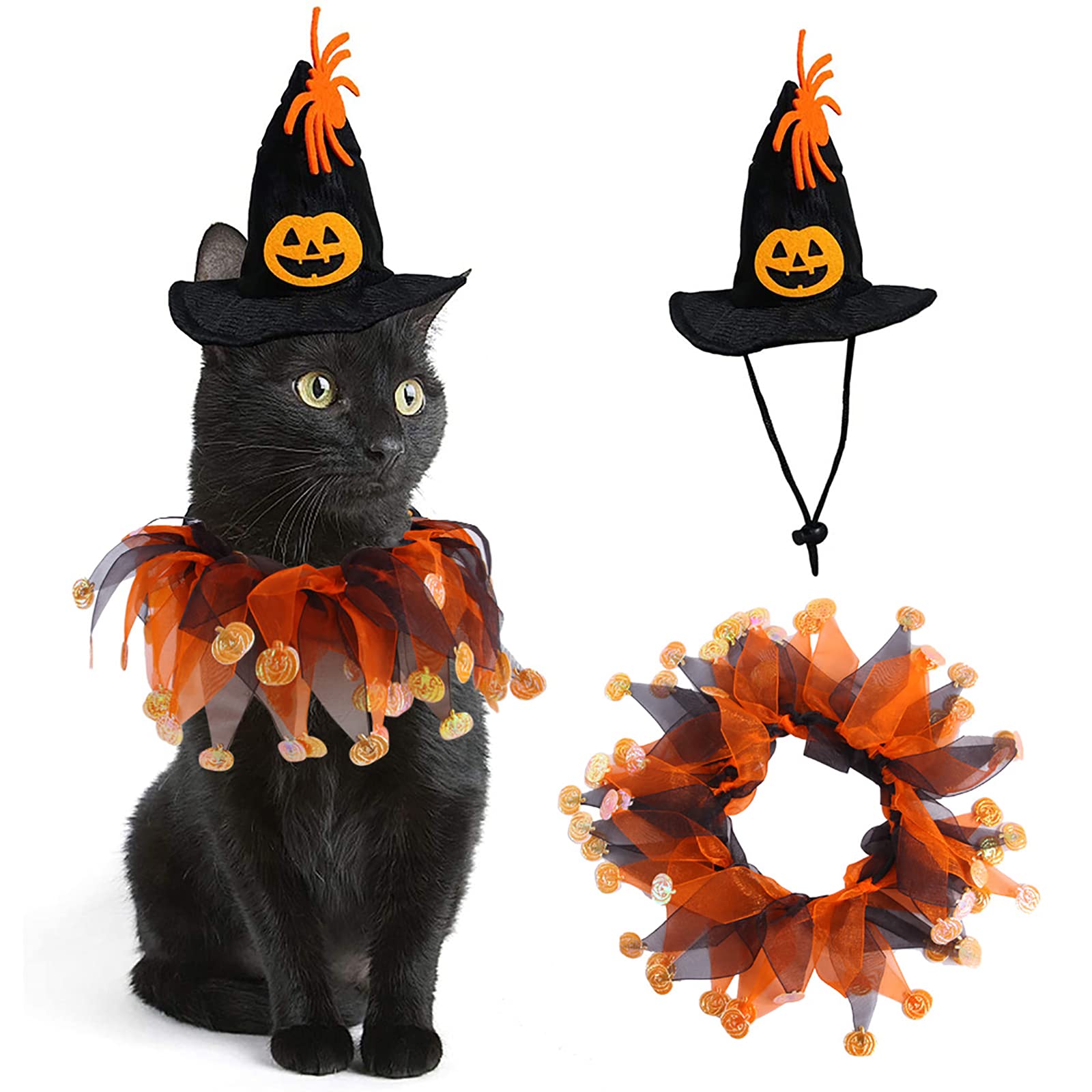 Dog Cat Halloween Hat Collar Cosplay Costume Pet Elastic Colorful Pumpkin Hat Collar with Bells Ornaments for Halloween Pet Party (Pumpkin style)