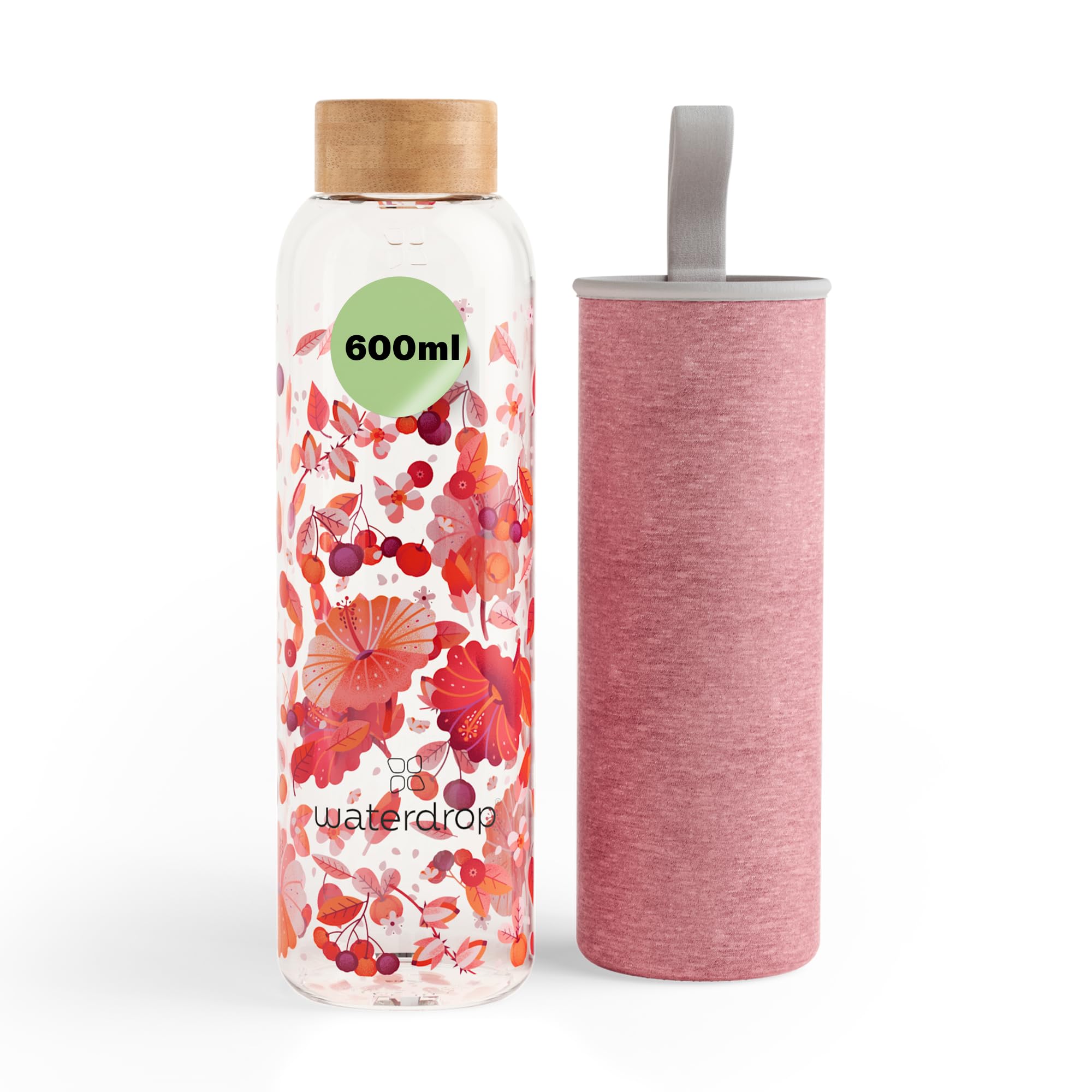 waterdrop® Glass Water Bottle 600ml – Water Flask with Bamboo Lid & Sleeve, Reusable Borosilicate Glass Flask, Leakproof, Ideal for Travel, Office, Gym, Home, BPA-free — image 1