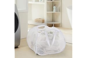 TECHMILLY Collapsible Mesh Pop Up Laundry Hamper with Strong Handles, Large Opening Clothes Hamper with Side Pockets, Storage Baskets for Dorm, Laundry Room, Bathroom or Travel (White, 90L)