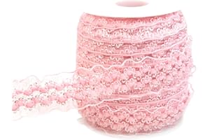 JESEP YONG 20 Yards Pink Elastic Ruffle Lace Ribbon for Sewing 1 inch Double Wave Organza Stretch Lace Craft Trim Clothing and Garment for DIY Headband-Clothes-Sewing-Embellishment-Hats