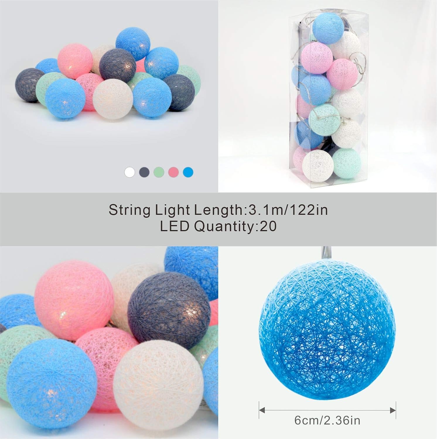 Fairy Lights Starry LED String Lights 20 PCS Indoor/ Outdoor Cotton Ball Warm Lighting Wall Light for Bedroom, Wedding Party ,Home ,Christmas,Halloween,Garden (Batteries, Macarons): Home Improvement