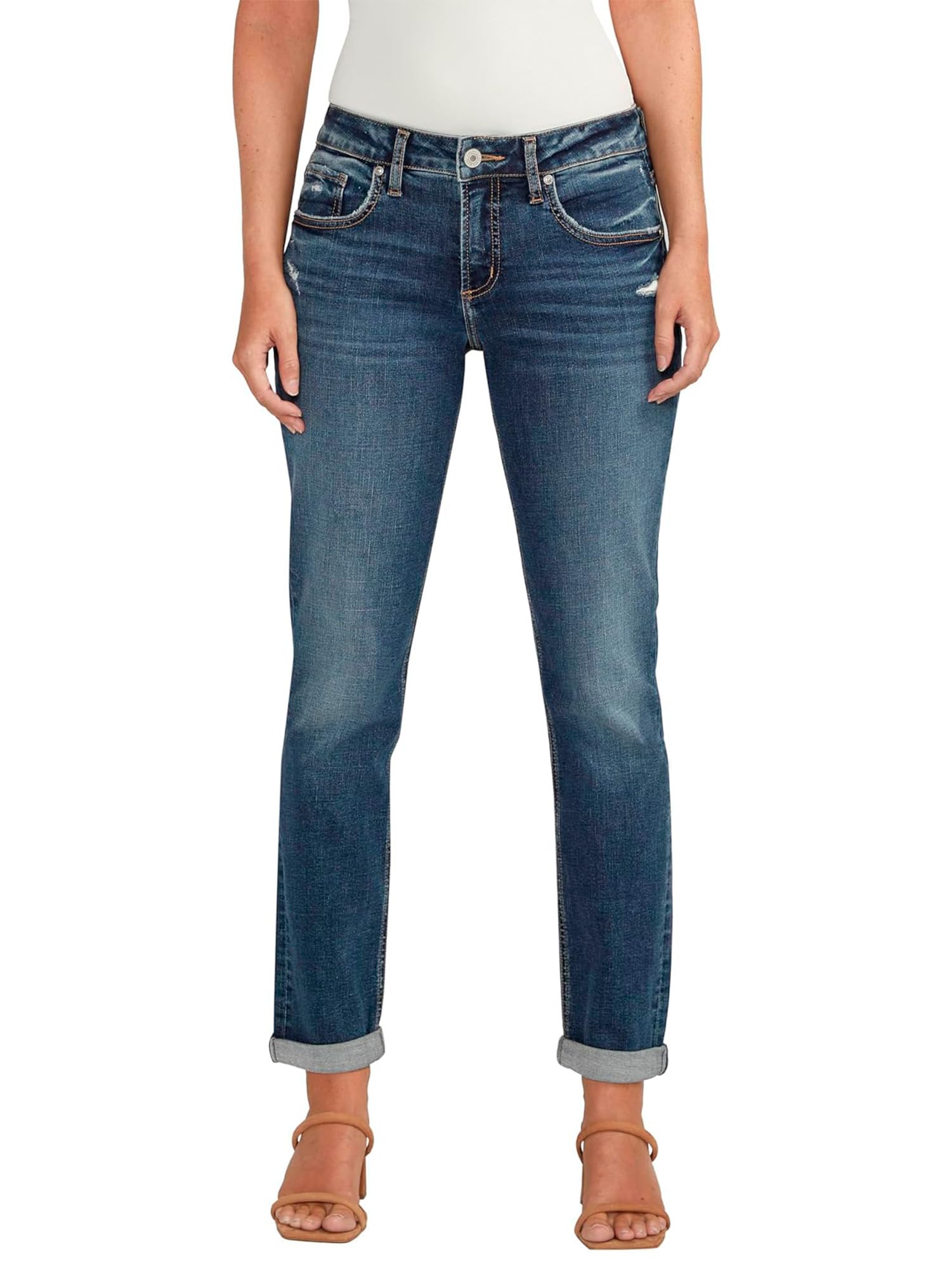 Silver Jeans Co. Women’s Boyfriend Mid Rise Slim Leg Jeans, Med Wash CVS310, 24W x 29L