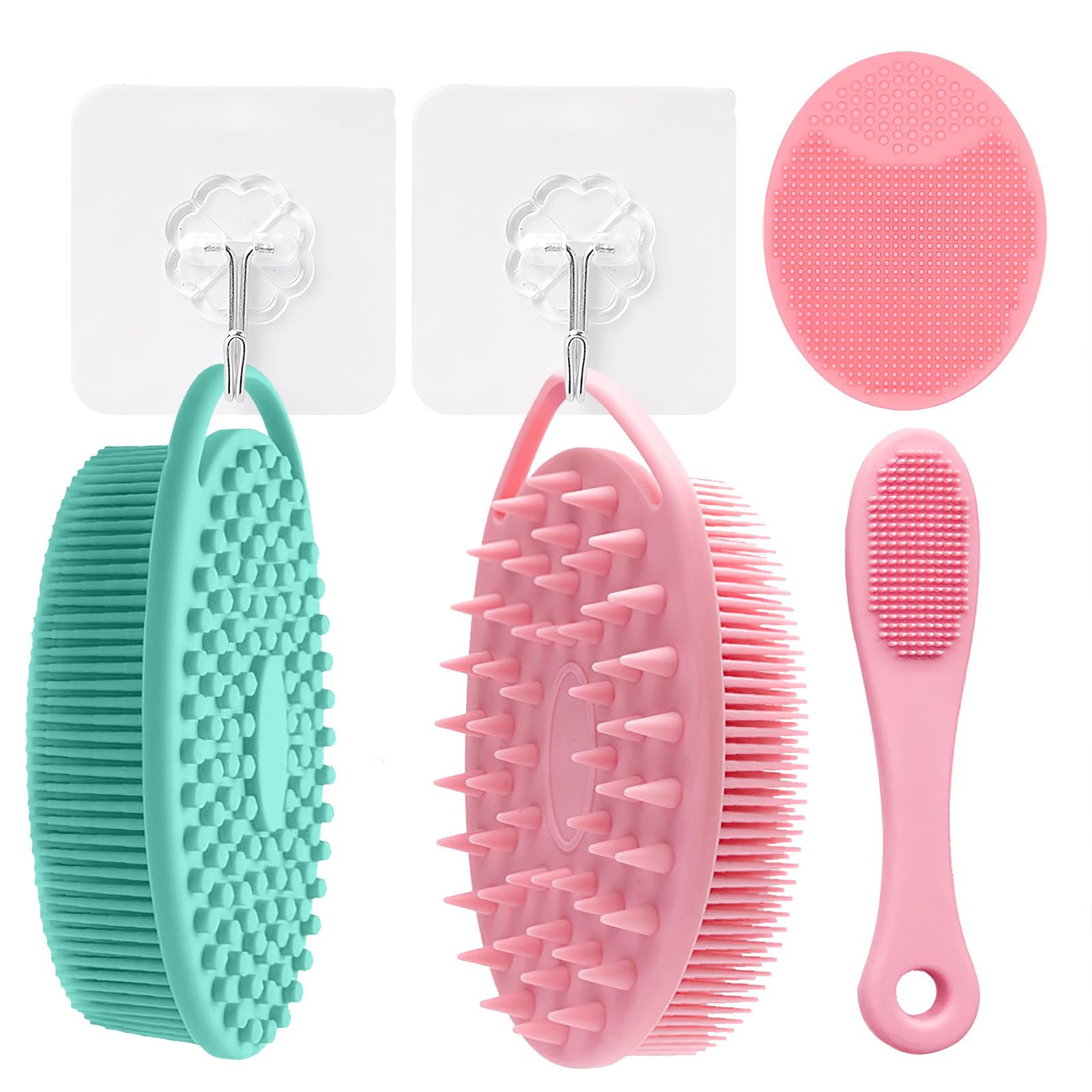 Scettar 2-Pack Dual-Sided Silicone Body Scrubber Set - with 2 Hooks, 1 Nose Brush & 1 Face Scrubber, Gentle Exfoliating Silicone Loofah for Shower/Sink, Travel Friendly