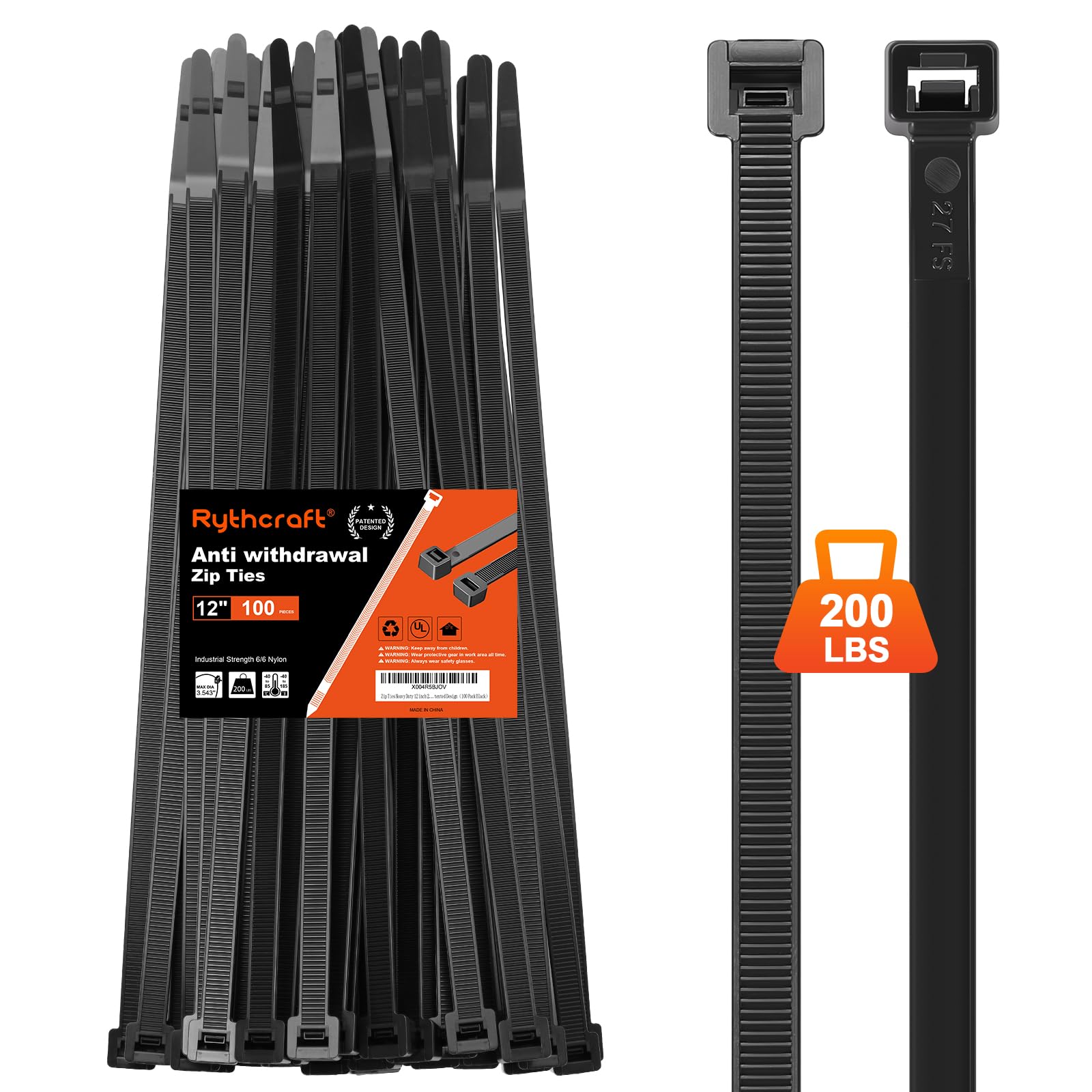 Zip Ties Heavy Duty 12 inch 200 LBS Tensile Strength Cable Ties ，Extra Large Wire Ties Adjustable Nylon Tie Wraps for Indoor Outdoor Patented Design（100 Pack Black）