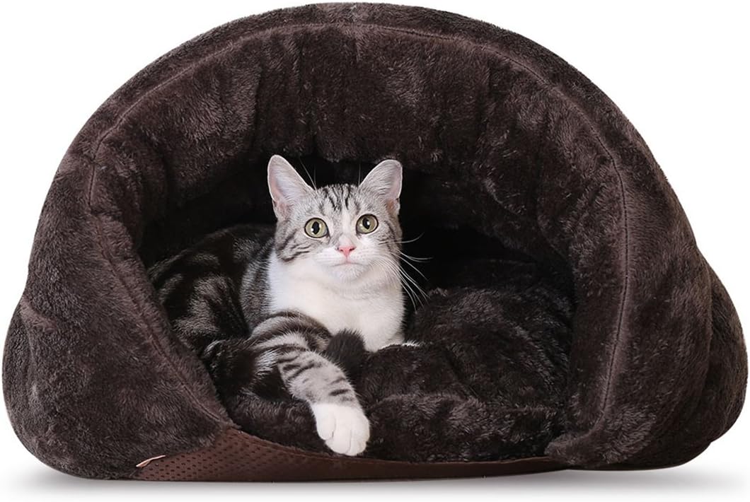 Make you perfect Self-Warming Cat Bed Plush Cat Sleep Bag Cozy Cave Covered Dog Beds for Small Dogs Heated Cat Bed Indoor Pet Triangle Nest