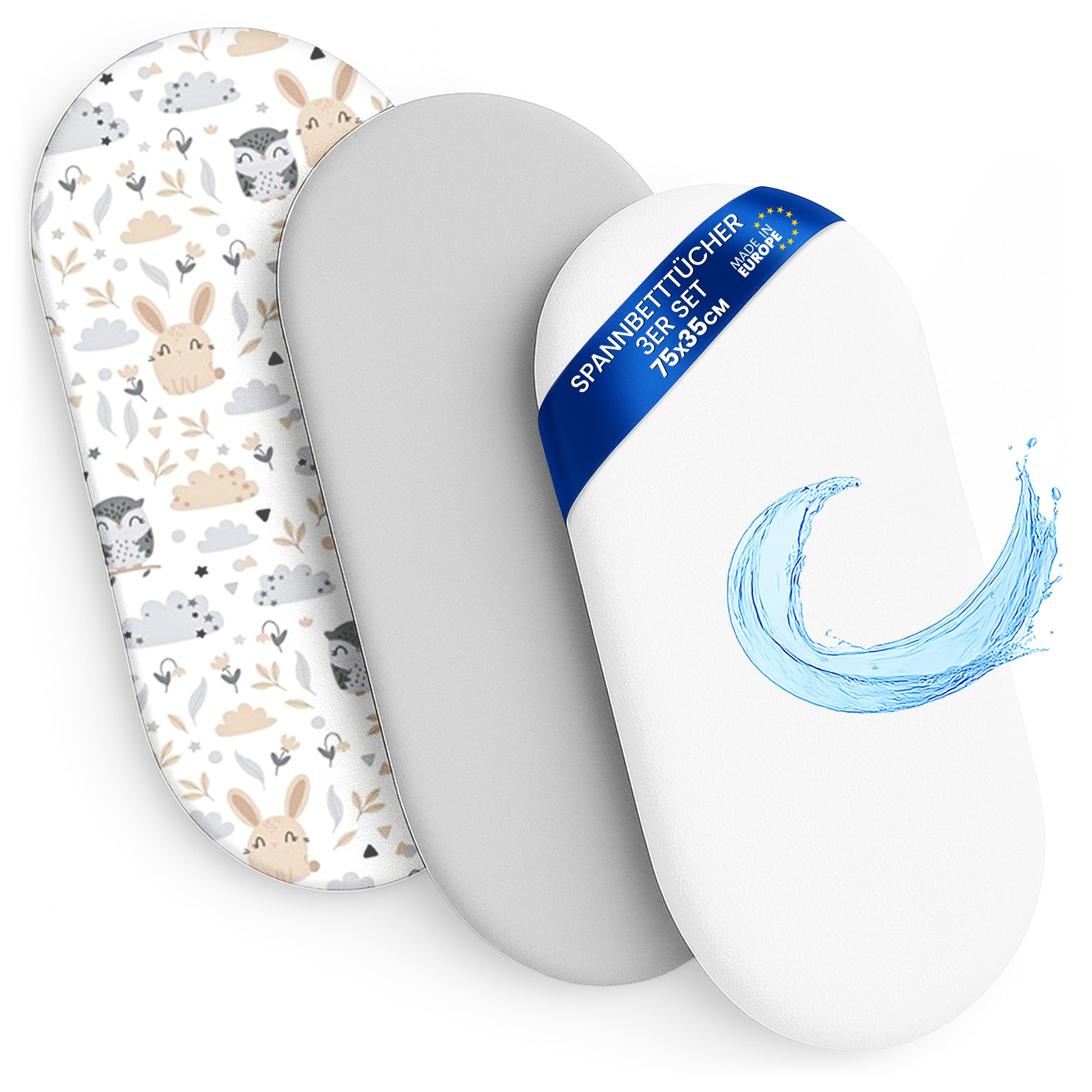 Sheet for Moses Basket Bassinet Crib and Fitted Set of 3: 35x75 cm - 2x Sheets + 1x Waterproof Mattress Protector Set Pram Bed Baby Cot Liner Cover Breathable 35 x 75