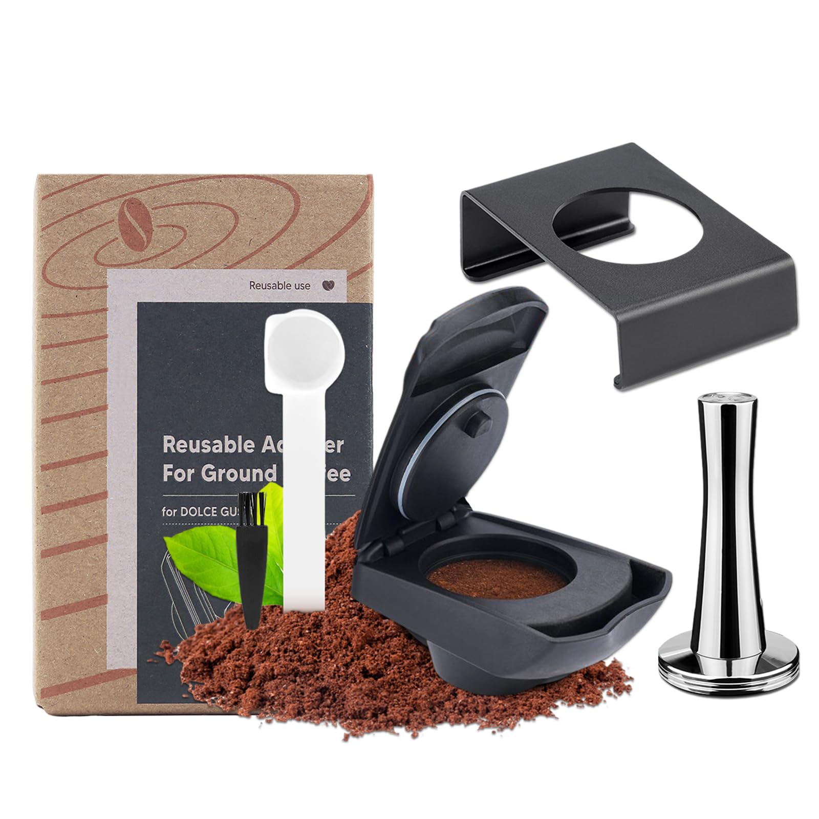 FOXNSK Reusable Coffee Capsule Adapter, Refillable Coffee Capsule Adapter Coffee Capsules Converter for Dolce Gusto edgLUMIO DG325 Machine with 41mm Coffee Tamper and Adapter Bracket