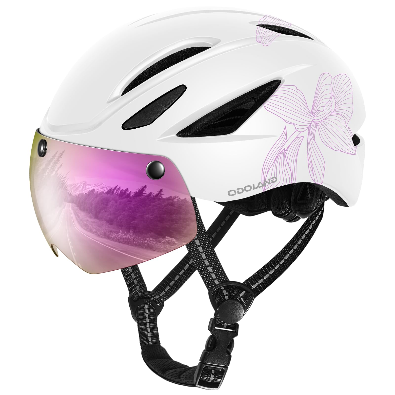 Odoland Adults Bike Helmet with Removable Magnetic Sun Visor, Adjustable Dial Fit Bicycle Cycling Helmet for Mountain Road Bike, Certified Lightweight MTB Ebike Helmet for Men Women,Elegant Magnolia Image