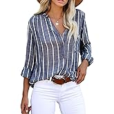 Astylish Women V Neck Striped Roll up Sleeve Button Down Blouse Tops
