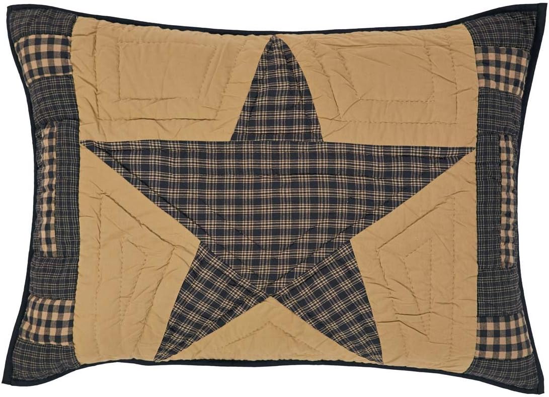 VHC Brands Teton Star Standard Sham 21x27 Country Patchwork Design, Navy and Tan