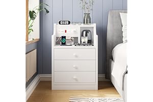 Tiptiper Nightstand with Charging Station, Night Stand with 3 Storage Drawers, Bedside Table with Hutch, Modern End Side Table for Bedroom,White, 14D x 17.7W x 26.8H in