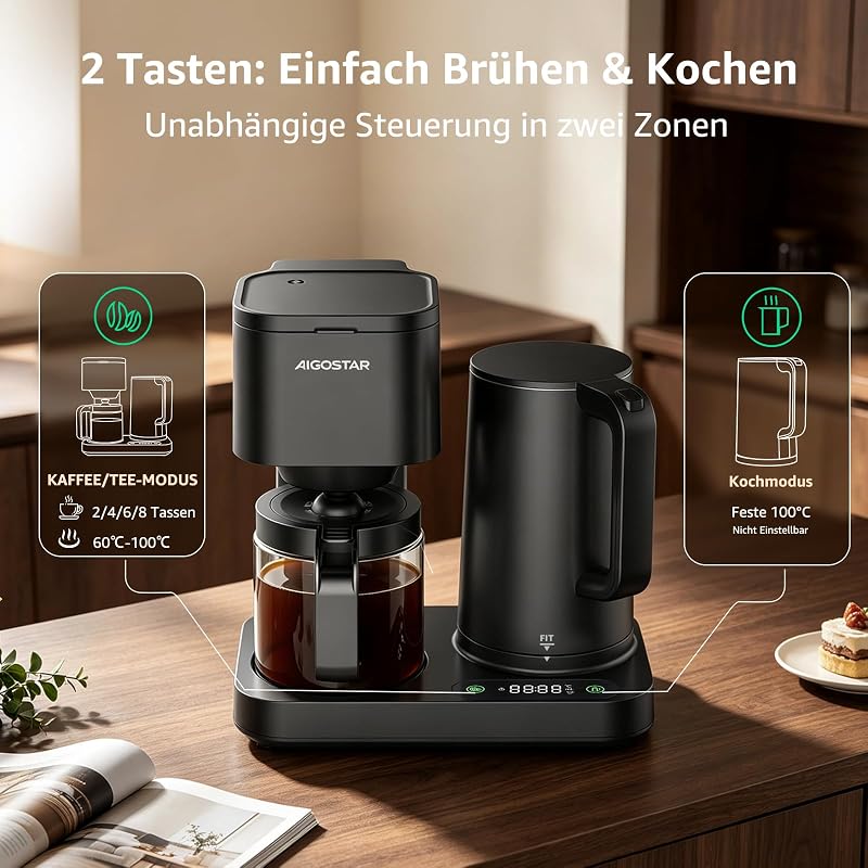 Filterkaffeemaschine 3‑in‑1 für 1,3L/8 Tassen,1600W LED‑Touchpanel
