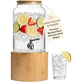 Kitchentoolz 1 Gallon Glass Drink Dispenser for Parties on Bamboo Stand - Premium Borosilicate Beverage Jar with Stainless Steel Spigot - Lemonade, Water, Sun Tea, Kombucha for Spa