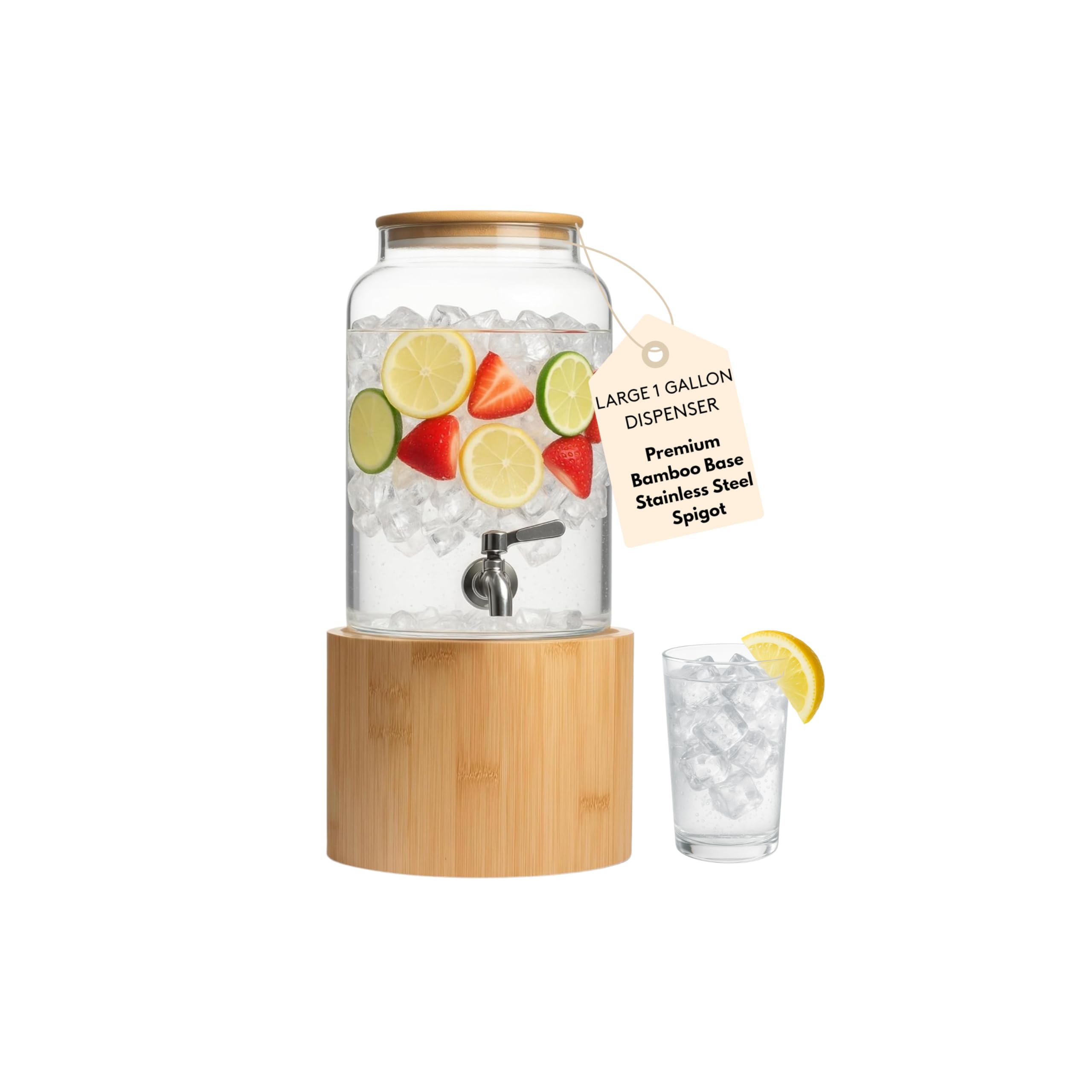 Photo 1 of Kitchentoolz 1 Gallon Glass Drink Dispenser for Parties on Bamboo Stand - Premium Borosilicate Beverage Jar with Stainless Steel Spigot - Lemonade, Water, Sun Tea, Kombucha for Spa