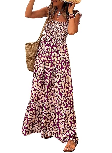 LOLONG WOMENS MAXI DRESS SUMMER BOHO SPAGHETTI STRAP SQUARE NECK RUFFLE  SLEEVELESS PRINT BEACH FLOWY CASUAL SUN DRESS TRENDY - Korting Discount  Outlet