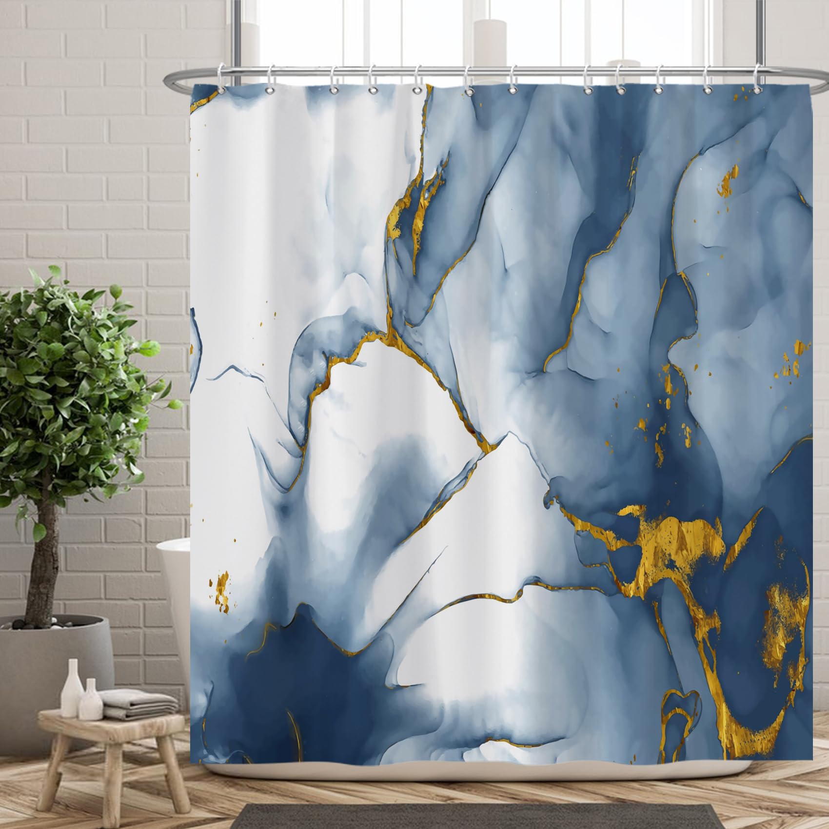 Ttincceer Marble Shower Curtain Ombre Blue Ink Marble Bath Curtain Watercolor Blue with Gold Pattern Shower Curtains Waterproof Bathtub Curtain 180x180cm