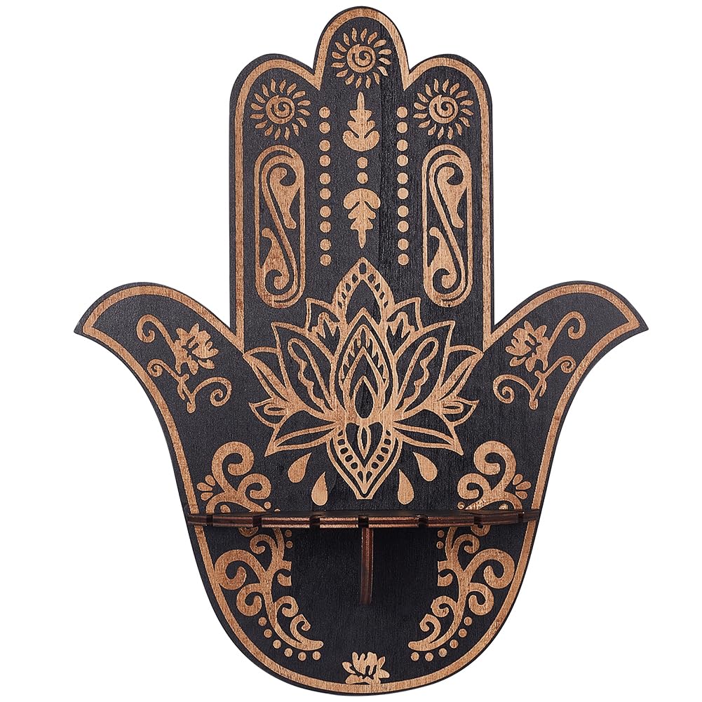 CREATCABIN Hamsa Crystal Display Shelf Hamsa Hand Wooden Wall Decor Crystal Holder Shelves Lotus Wall Mounted Floating Shelf Stand for Witch Stuff Altar Supplies Spiritual Gift Black 9.8 x 11.8Inch