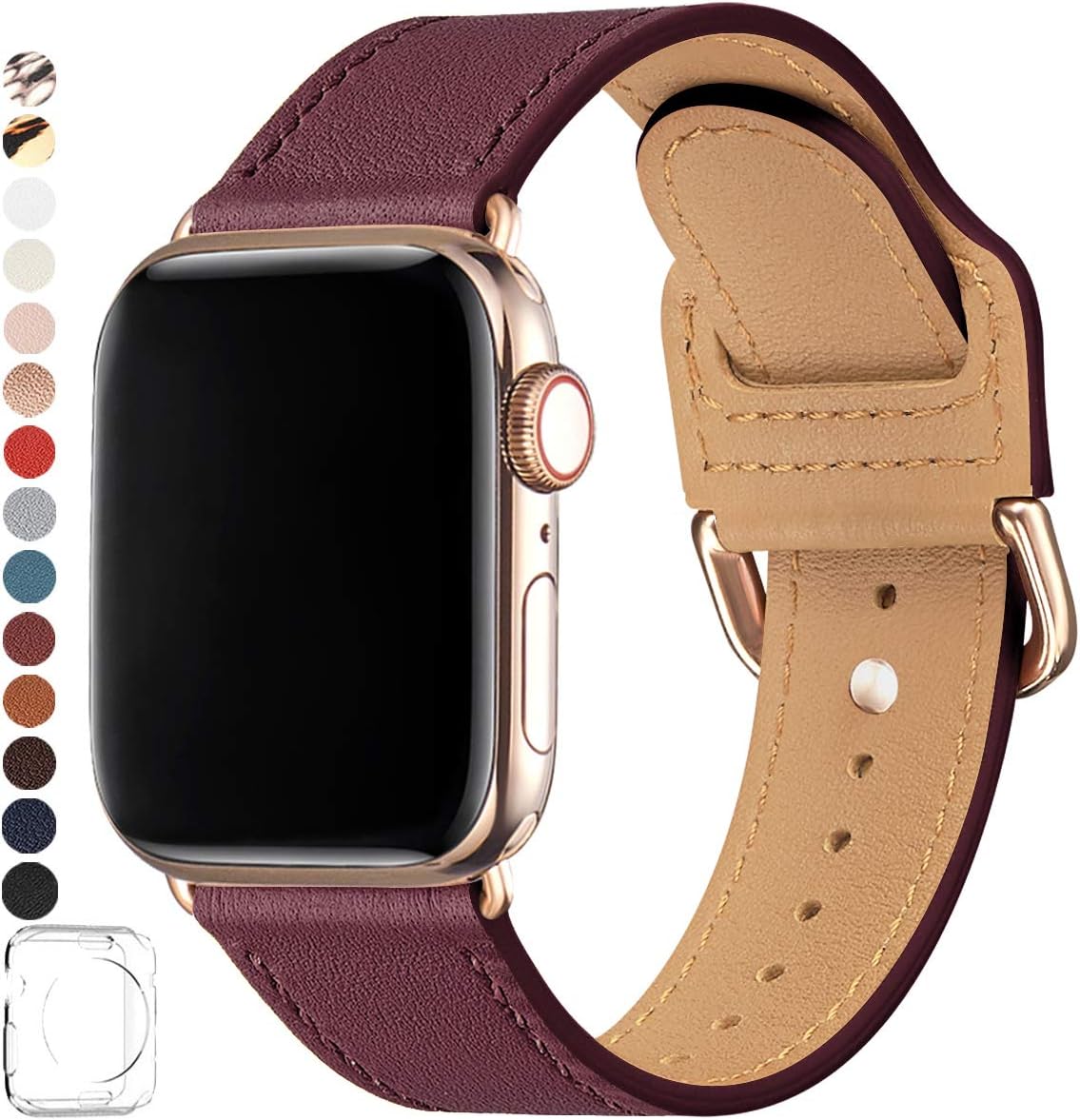 POWER PRIMACY Bands Compatible with Apple Watch Band 38mm 40mm 42mm 44mm, Top Grain Leather Smart Watch Band Compatible for Men Women iWatch Series 5/4/3/2/1 (Wine red/Gold, 38mm 40mm)