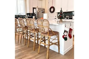 PURPLE LEAF French Bar Stools Set of 2 Patio Rattan Aluminum Bar Height Bamboo Pattern Finish Barstools with Back for Pool Garden Kitchen Island Outdoor Bar Chairs, Brown