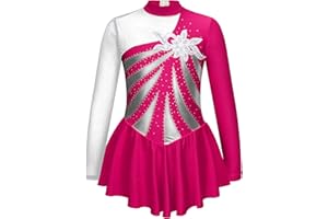 TSSOE Kids Girls Long Sleeve Sequins Printing Ice Roller Figure Skating Dress Illusion Ballet Dancewear