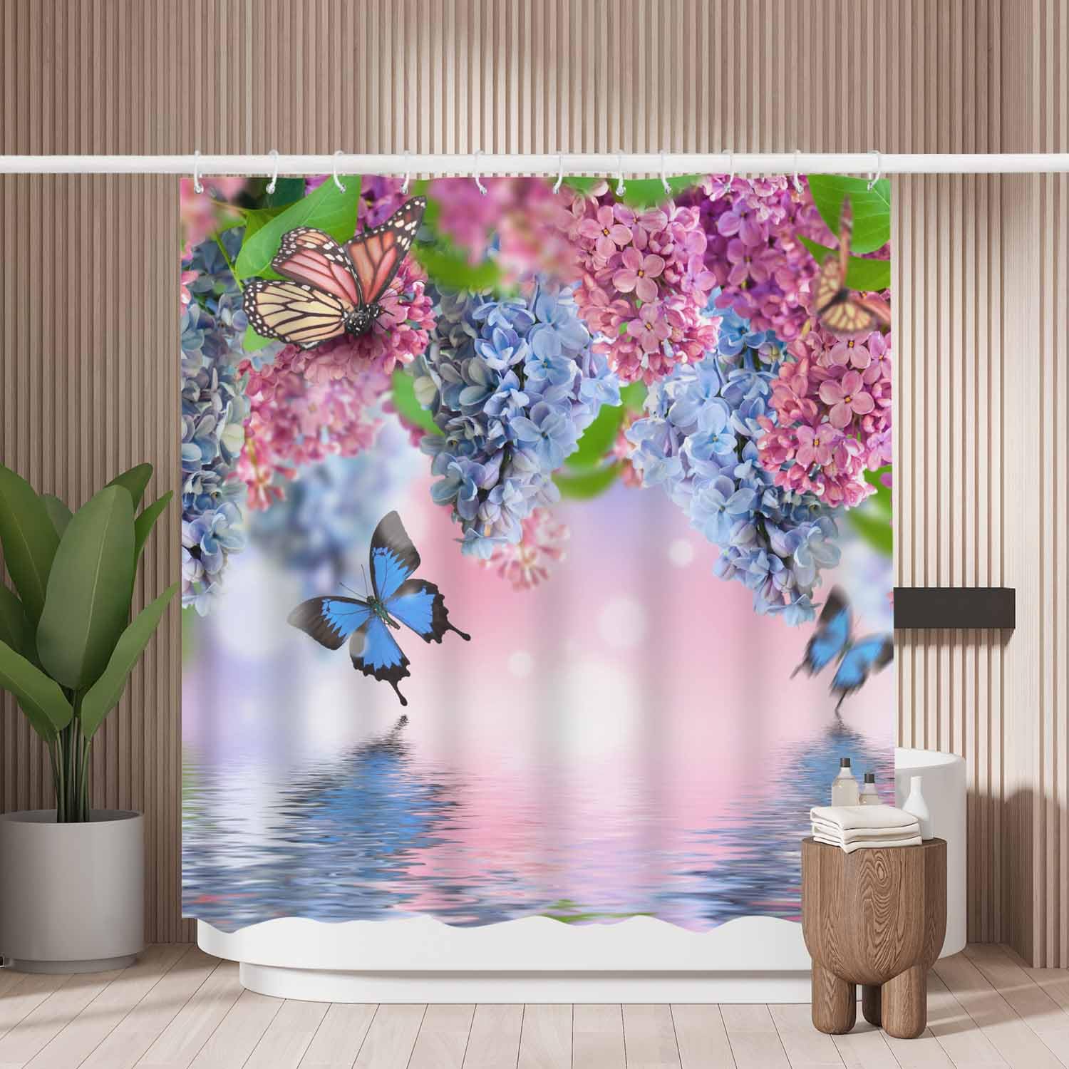 Woutay Shower Curtain Water Repellant Fabric Butterfly and Flowers,Mould Proof Resistant,Polyester,Size 180x180CM