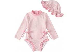 DivingBirds Baby Girls Swimsuit, Toddler Girls Swimwear with Hat Long Sleeve Snap and Zipper