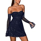 Parthea Women’s Sexy Dress Sequin Sparkly Glitter Dress Off Shoulder Long Sleeve Party Club Going Out Mini Dresses