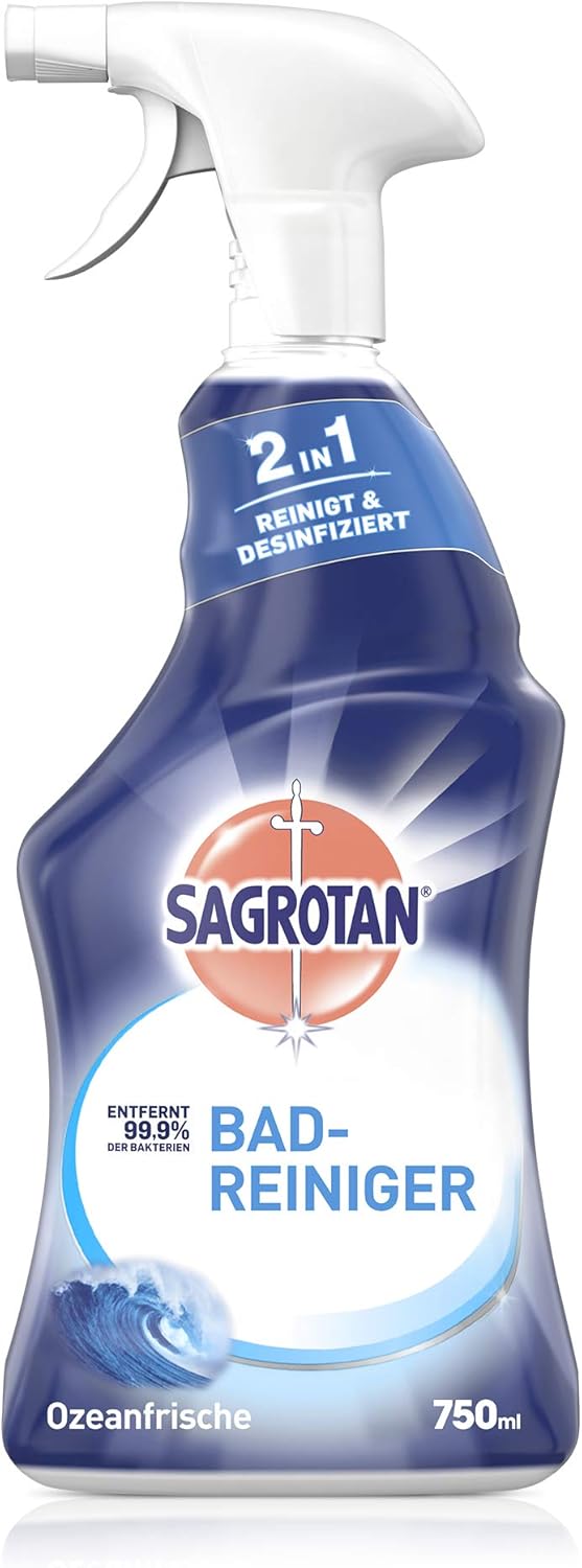 Sagrotan Bad-Reiniger Ozeanfrische – 2in1 Desinfektionsreiniger mit Antischmutzfilm für zuverlässige Hygiene im Badezimmer – 1 x 750 ml Sprühflasche