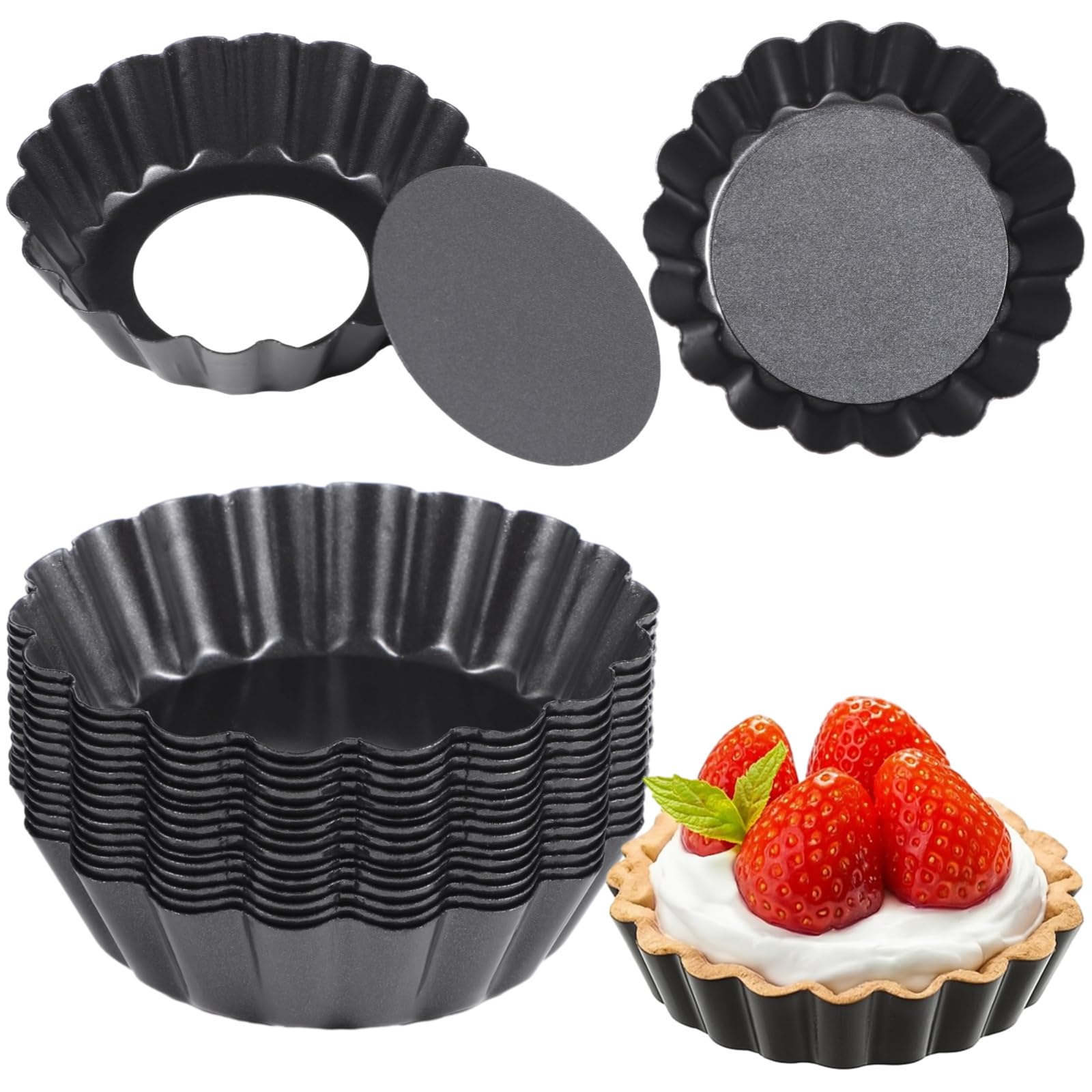 YOFAPA 16 PCS Mini Removable Bottom Tart Pans, 3 in Nonstick Carbon Steel Fluted Cake Molds, Flower Shape Mini Pie Pans, Baking Cups for Tarts, Pudding, Brownies, Mini Quiche