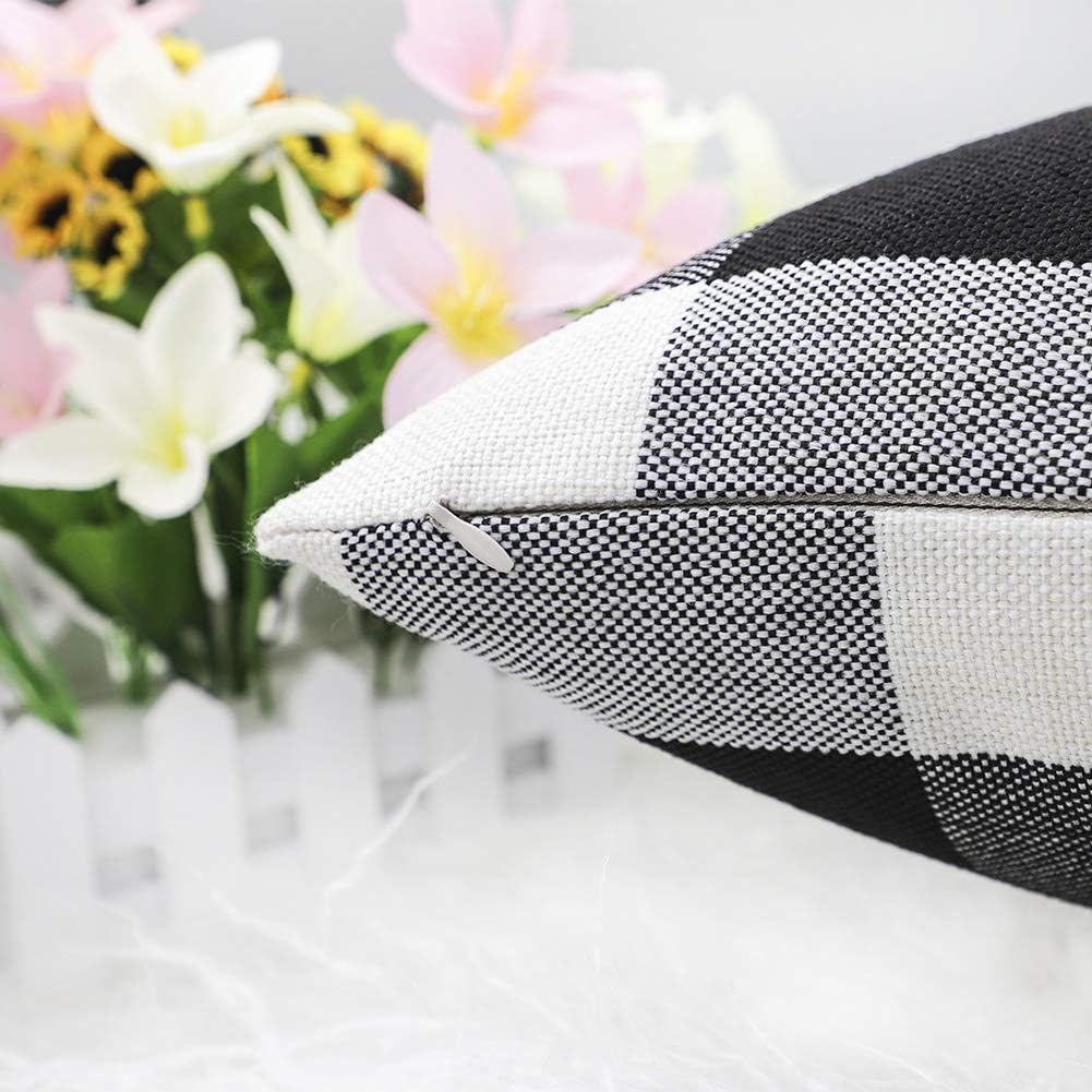 4TH Emotion Set of 2 Farmhouse Buffalo Check Plaid Throw Pillow Covers Cushion Case Cotton Linen for Fall Home Decor Black and White, 18 x 18 Inches: Home & Kitchen