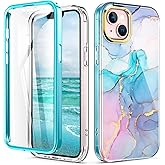 Turquiase Cute Marble Case for iPhone 13/14 6.1 inch Built with Screen Protector, Lightweight and Stylish Full Body Shockproof Protective Rugged TPU Case for Women/Girls