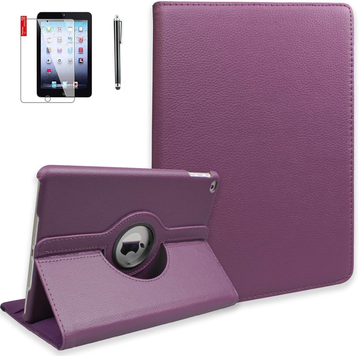 iPad Case for Model A1458 with Screen Protector and Stylus - 2nd 3rd 4th Generation Case - Shockproof, 360 Degree Rotating Stand, Auto Sleep Wake -A1395 A1416 MD510LL/A (Purple)