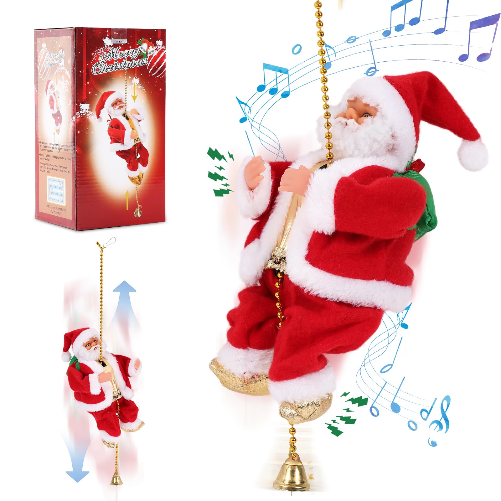 Gfilay Climbing Santa with Music, Christmas Tree Pendant Ornament Novelty Climbing Santa on a Rope, Holiday Decoration, Great Gift