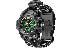 SMILKAT 23-in-1 Survival Military Digital Watch, Mens Tactical Multi-Functional and Adjustable Wristband Outdoors Waterproof Sports Dual Dial Watches with Compass Paracord Band