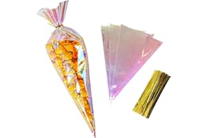 WACCOMT Pack 50 Pcs 18.5x30.5 cm Iridescent Holographic Cellophane Treat Bags with Twist Ties Cone Shaped Plastic Goodie Bags