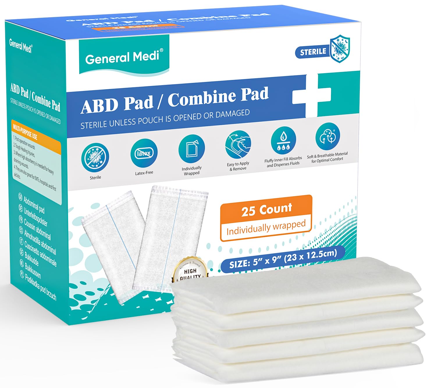 General Medi Sterile Abdominal (ABD) Combine Pads - 25 Count 5" x 9" Individually Wrapped Abdominal Pads, First Aid Pads - Absorbent & Thick