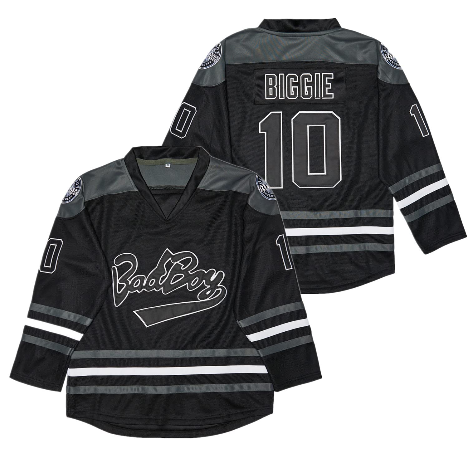 Kynkow Men's #10 Biggie Smalls Bad Boy 90S Hip Hop Long Sleeve Black Notorious Hockey Jersey, Black, Large