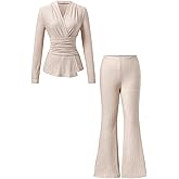 winkbay Women's 2 Piece Work Office Outfit Wrap V Neck Long Sleeve Ruched T Shirt and Straight Leg Pants Set
