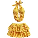 SOLY HUX Women's Summer 2 Piece Skirt Sets Deep V Neck Draped Halter Tops and Ruffle Layered Mini Skirt Vacation Outfits