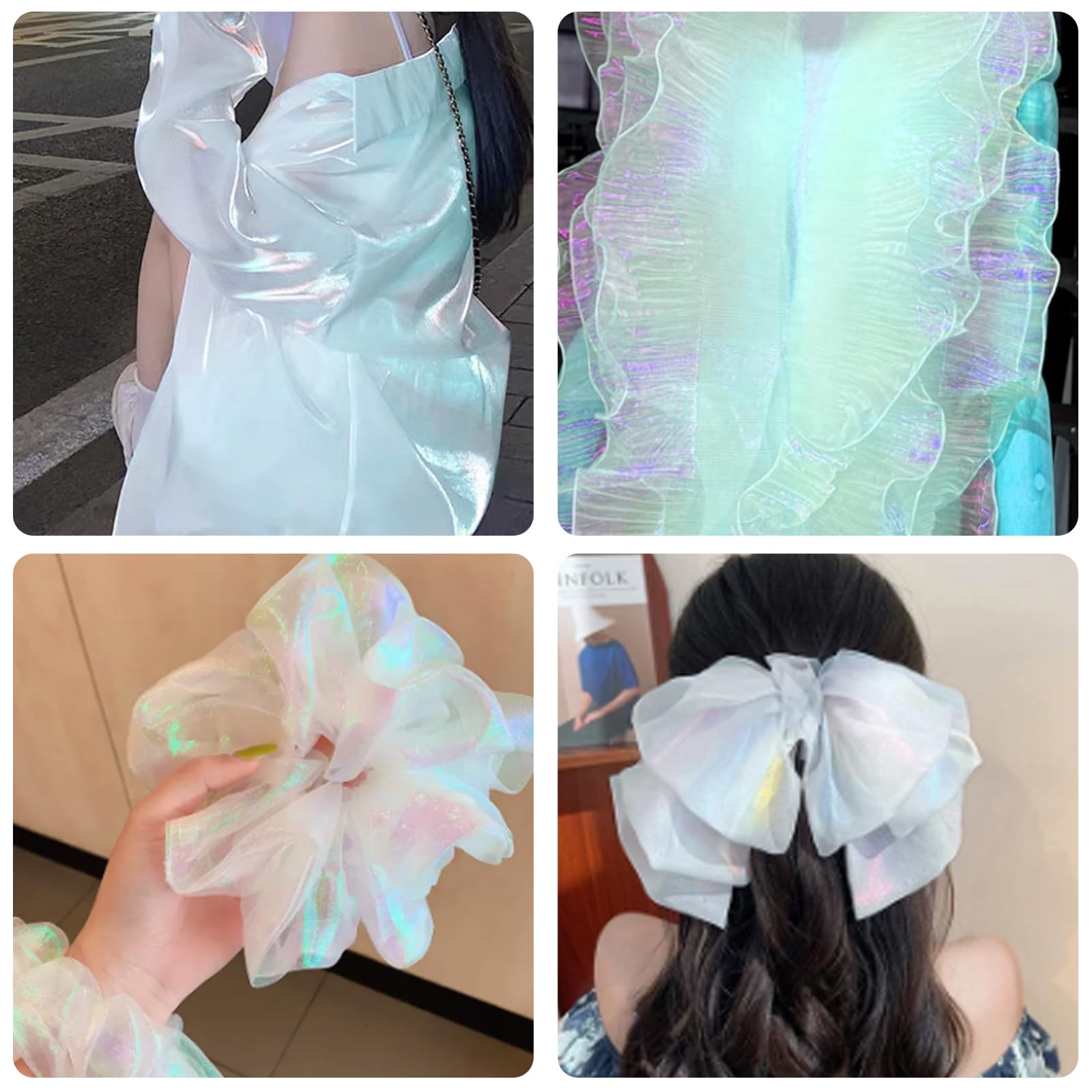 Magic Laser Holographic Fabric, 59in Iridescent Sequin Gradient Organza Lace for Wedding Photography Background Dress Party DIY Supplies, White