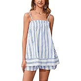 calbatic Women 2 Piece Lounge Set Striped Summer Pajama Set Sleeveless Peplum Cami Top and Wide Leg Shorts Set Beachwear