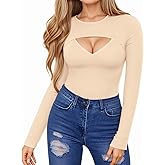 HERLOLLYCHIPS Womens Long Sleeve Tops Short Sleeve Cut Out Front Ribbed Fitted Sexy Casual Dressy Fall Tee T-Shirts Tshirt