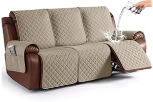 KinCam Waterproof Recliner Sofa Cover, Non-Slip Reclining Couch Covers for 3 Seat, Recliner Couch Cover Furniture Protector with Elastic Straps for Pets, Kids, Khaki