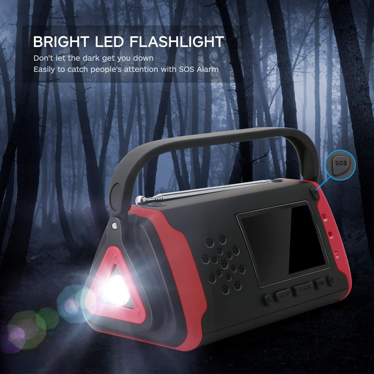 Emergency NOAA Weather Crank Solar Powered Portable Radio with 4000mAh Battery Power for Cell Phone, Bright Flashlight for Household Emergency and Outdoor Survival (097-Red): Home Audio & Theater