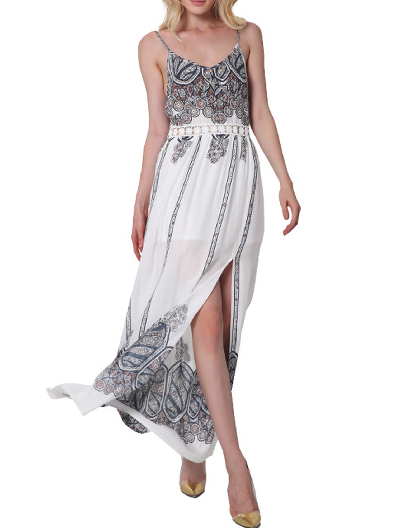 CHIC DIARY Women's Fashion Spaghetti Strap Printed Floral Split Summer Beach Maxi Dress (XXL, Khaki)