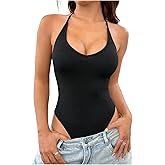 WDIRARA Women's Deep V Neck Sleeveless Halter Bodysuit Backless Leotard Cami Body Suit