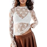 Wyeysyt Lace Tops for Women Mesh Long Sleeve Top Mock Neck Sheer Blouse Sexy See Through Shirts