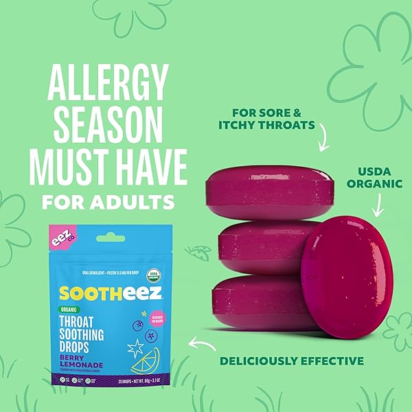 SOOTHEEZ ORGANIC THROAT SOOTHING DROPS FOR ADULTS, BERRY LEMONADE, 25 COUNT, REFILLABLE, GREAT TASTING DROPS THAT SOOTH SORE THROATS