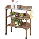 Yaheetech Potting Bench Outdoor Console Table w/3-Tier Storage,Brown | Metal Tabletop, 3-Tier Storage Shelves with Hooks, Outdoor Gardening Table for Planting, Potting and Organizing Garden Tools.