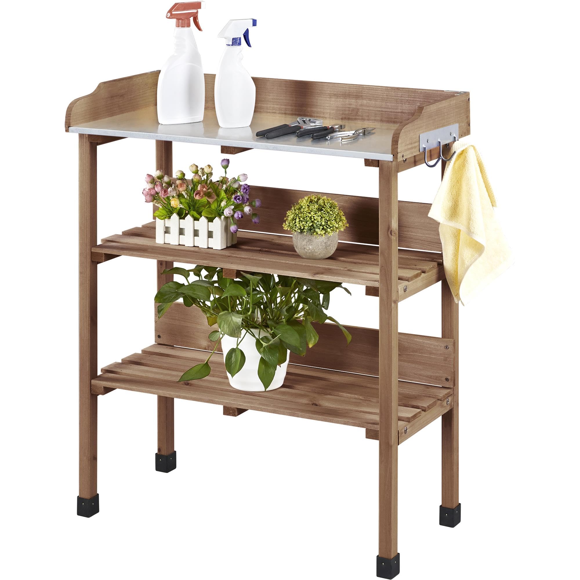 Yaheetech Outdoor Garden Potting Bench Table, Wooden Horticulture Planting Worstation w/Metal Tabletop/Storage Shelf/3 Hooks, Brown Image